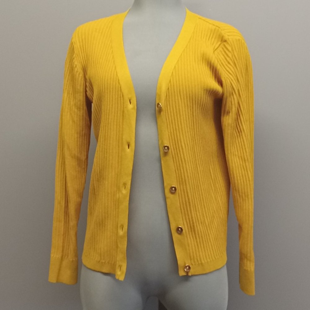 Cleo Petites bright bold lemon yellow cardigan full button light sweater sz M